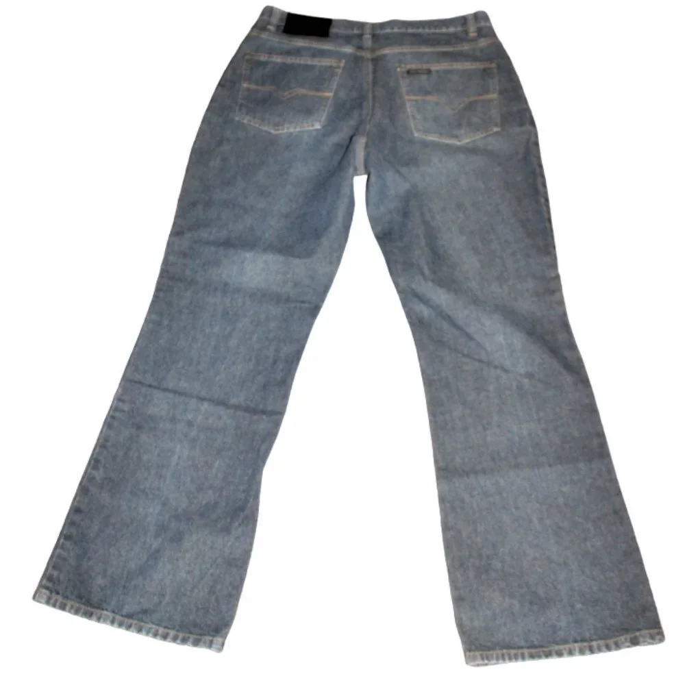 Harley Davidson Classic Blue Wash Logo Studded Boot/Flare Jeans, Size 12